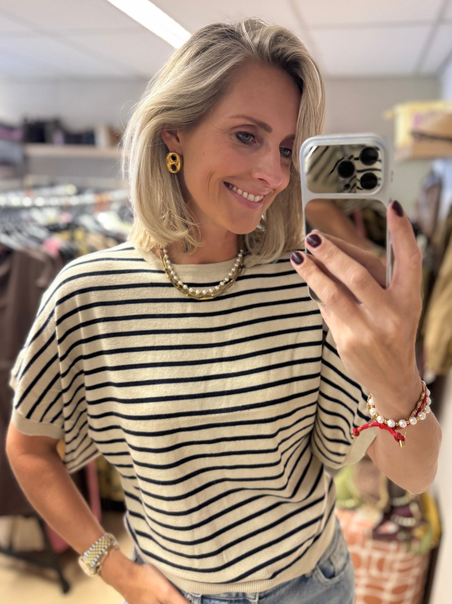 Shirt Fenna Streep Knitted Beige Blauw