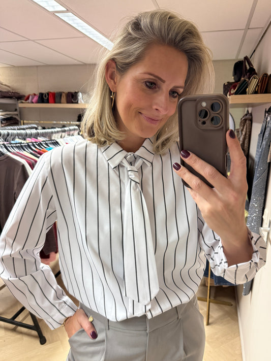 Blouse Stropdas Streep Wit Grijs