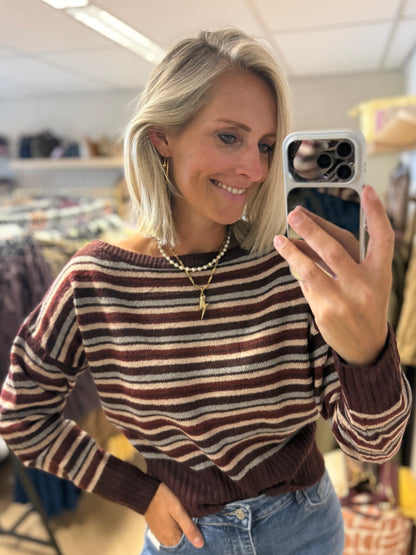 Trui Off Shoulder Streep Burgundy