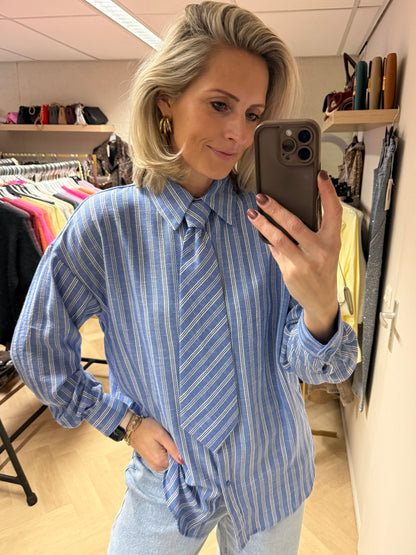 Blouse Stropdas Streep Lichtblauw