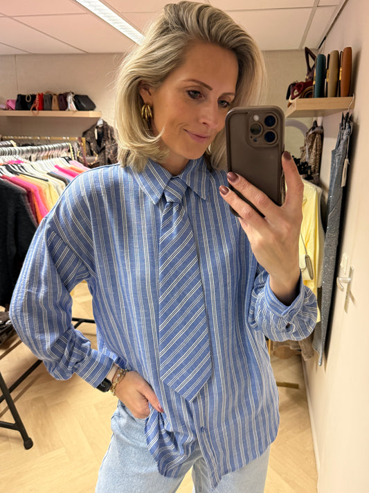 Blouse Stropdas Streep Lichtblauw