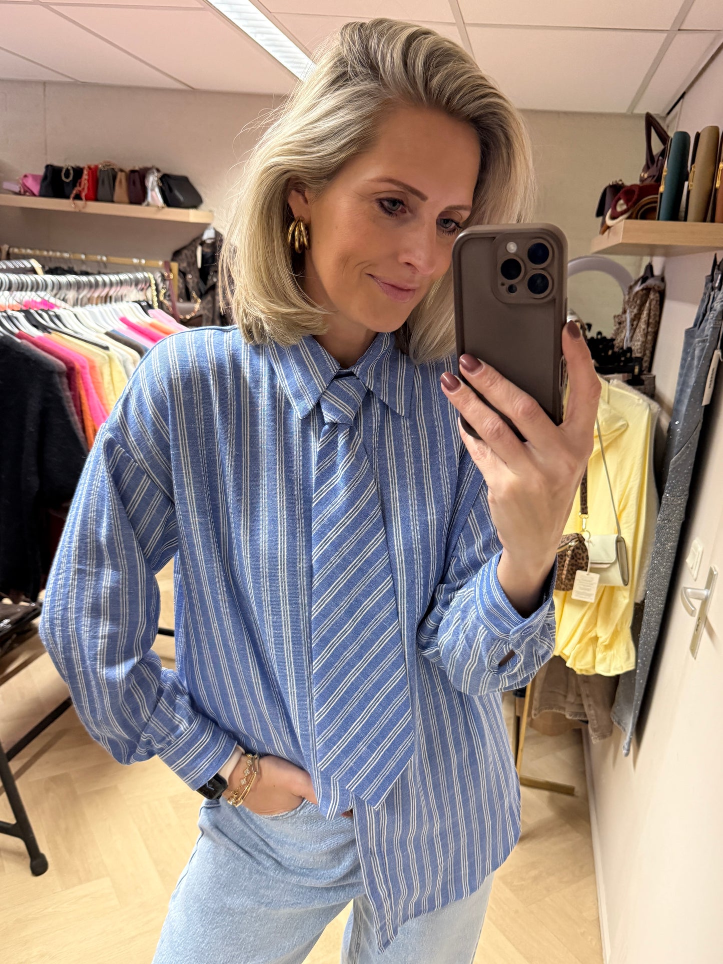 Blouse Stropdas Streep Lichtblauw