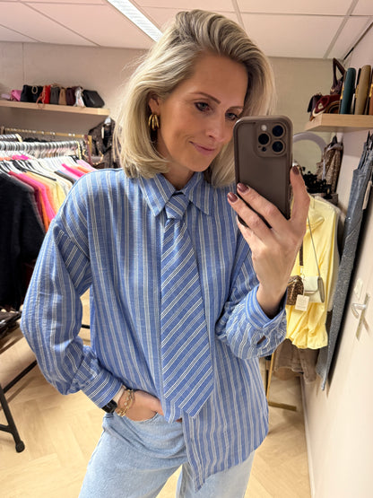 Blouse Stropdas Streep Lichtblauw