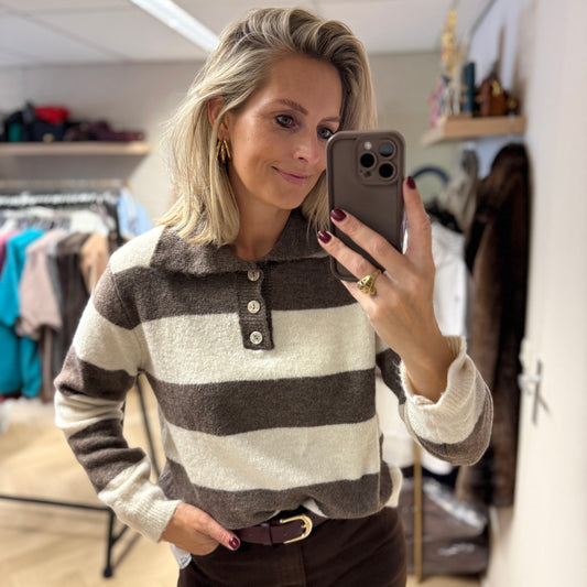 Trui Polo Streep Taupe Offwhite