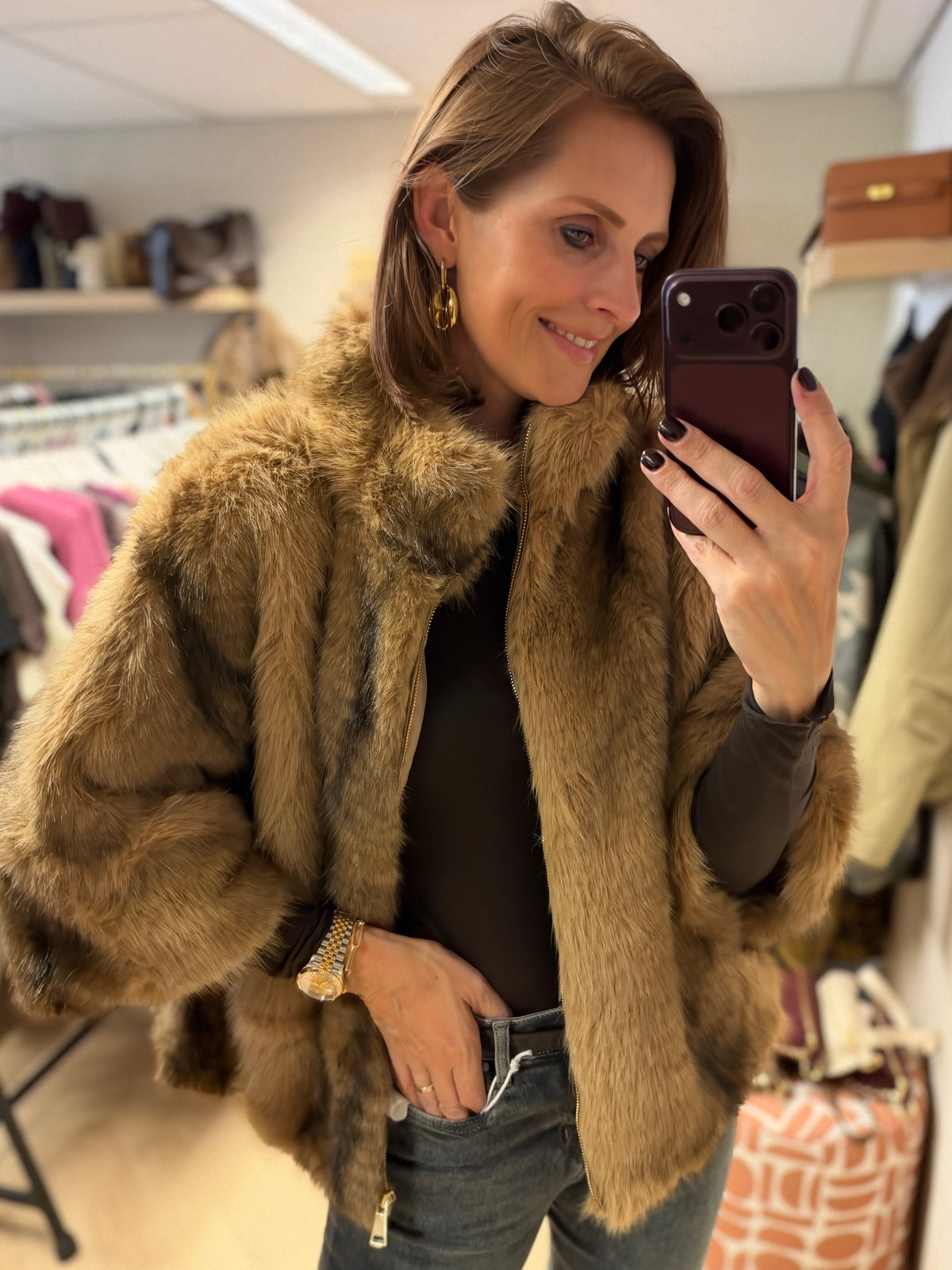 Jack Faux Fur Camel Driekwart Mouw