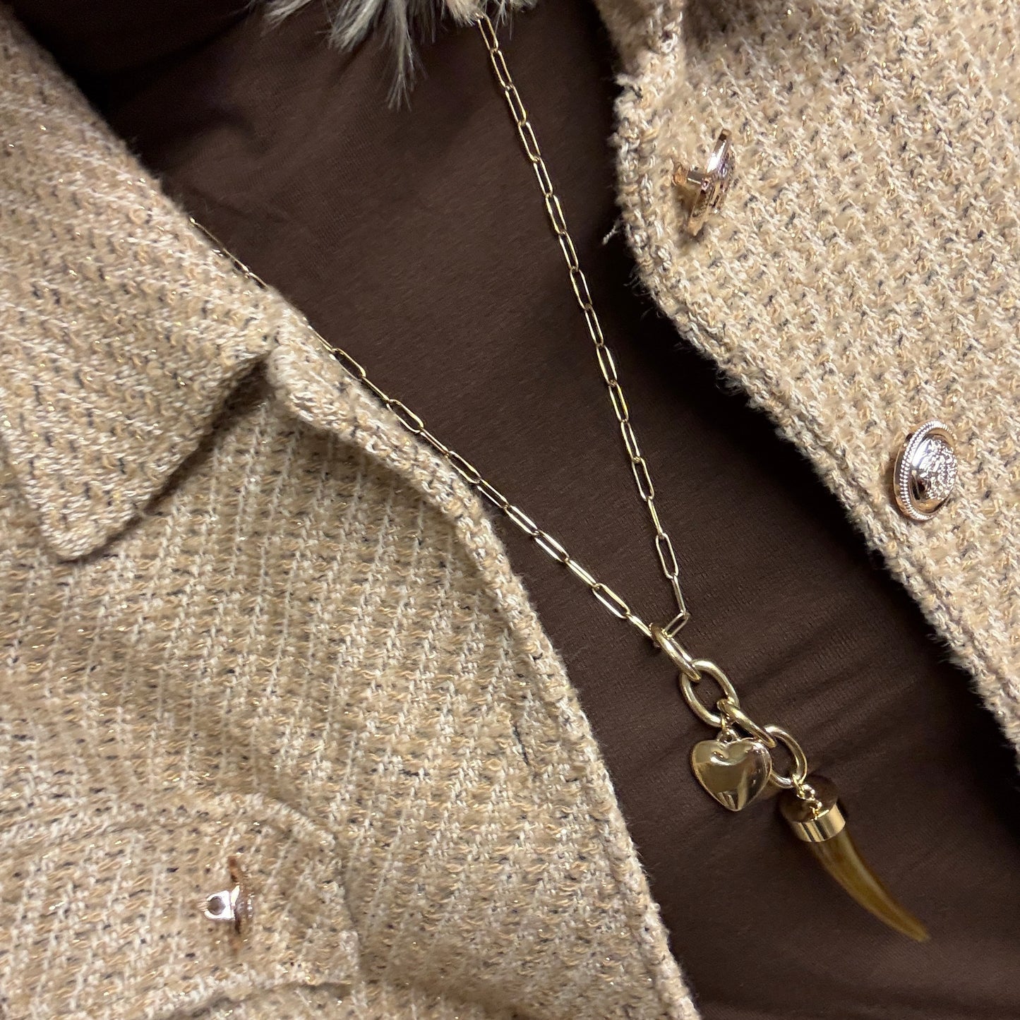 Ketting Lang Bedel Tand Hart Bruin