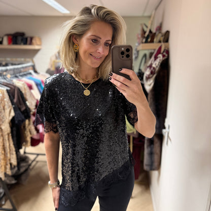 Shirt Lena Schuin Paillet Kant Zwart