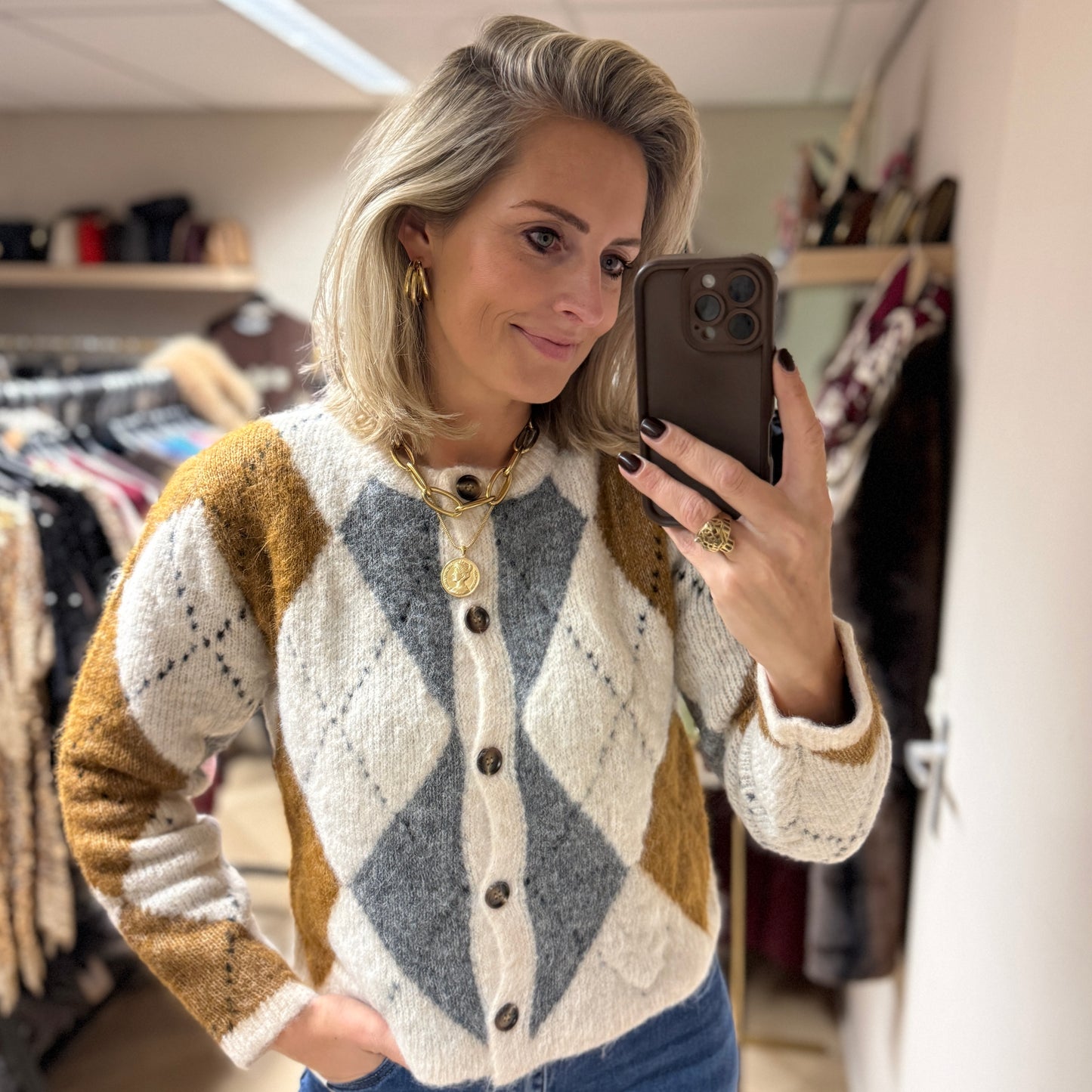 Vest Semmy Argyle Cognac Grijs