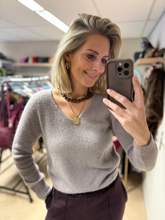 Trui Claudia V-Hals Alpaca Lange Mouw Taupe