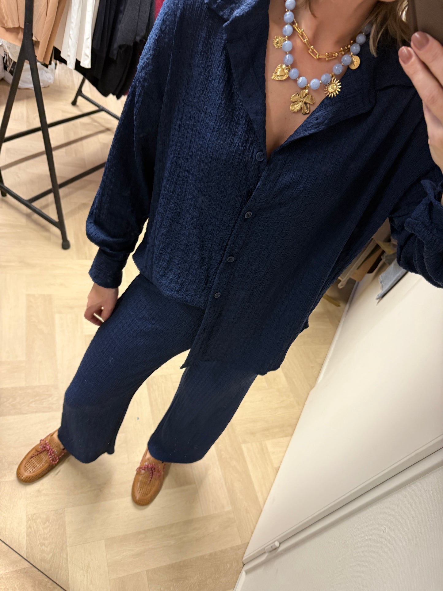Co Ord Set Mels Crinkle Donkerblauw