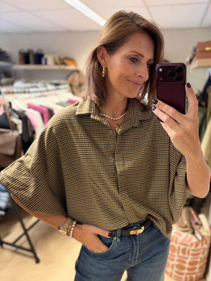 Blouse Mila Tartan Ruit Ballonmouwen Bruin