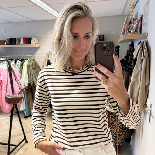 T-shirt Emma Katoen Streep Choco Lange Mouw