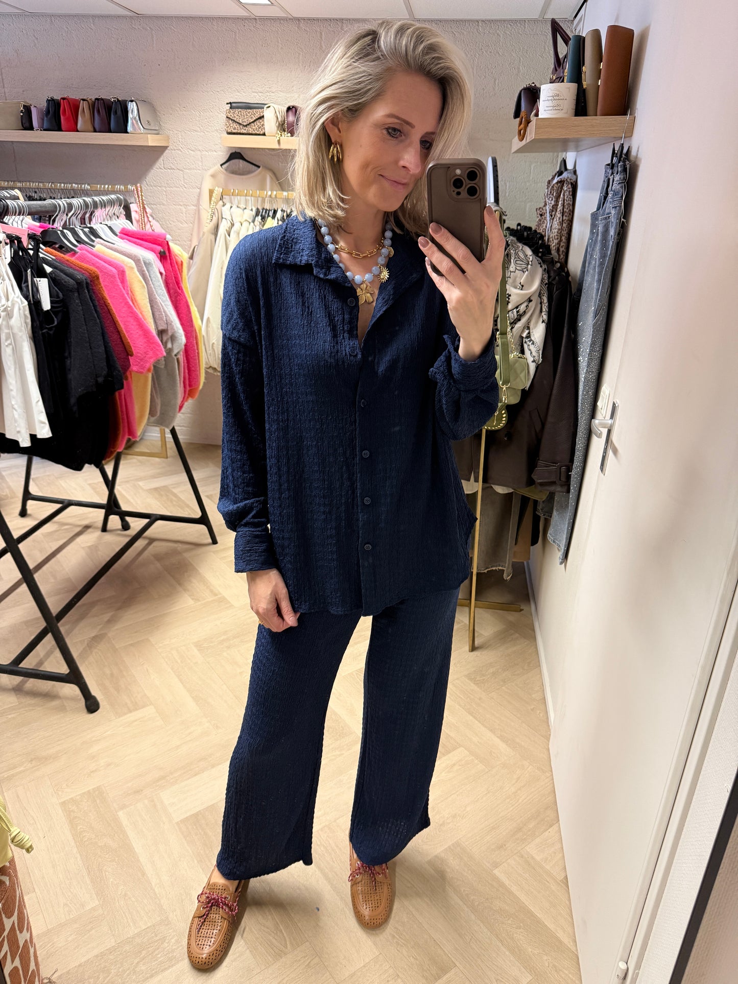 Co Ord Set Mels Crinkle Donkerblauw