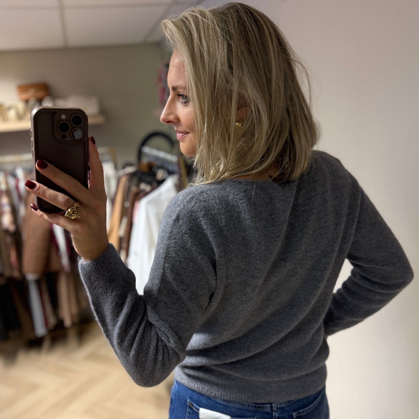 Trui Claudia V-Hals Alpaca Lange Mouw Grijs