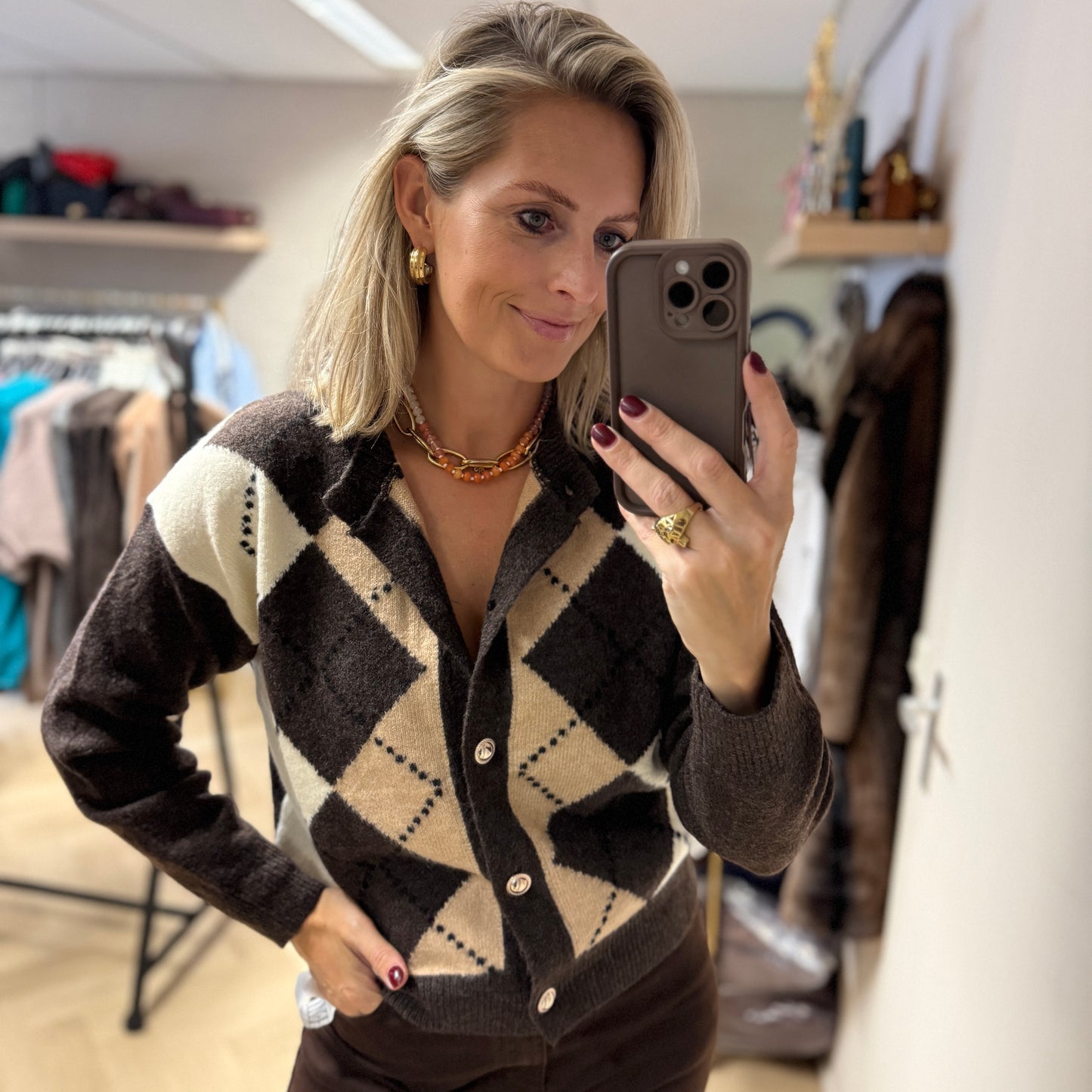 Vest Charlot Argyle Ruit Bruin Beige