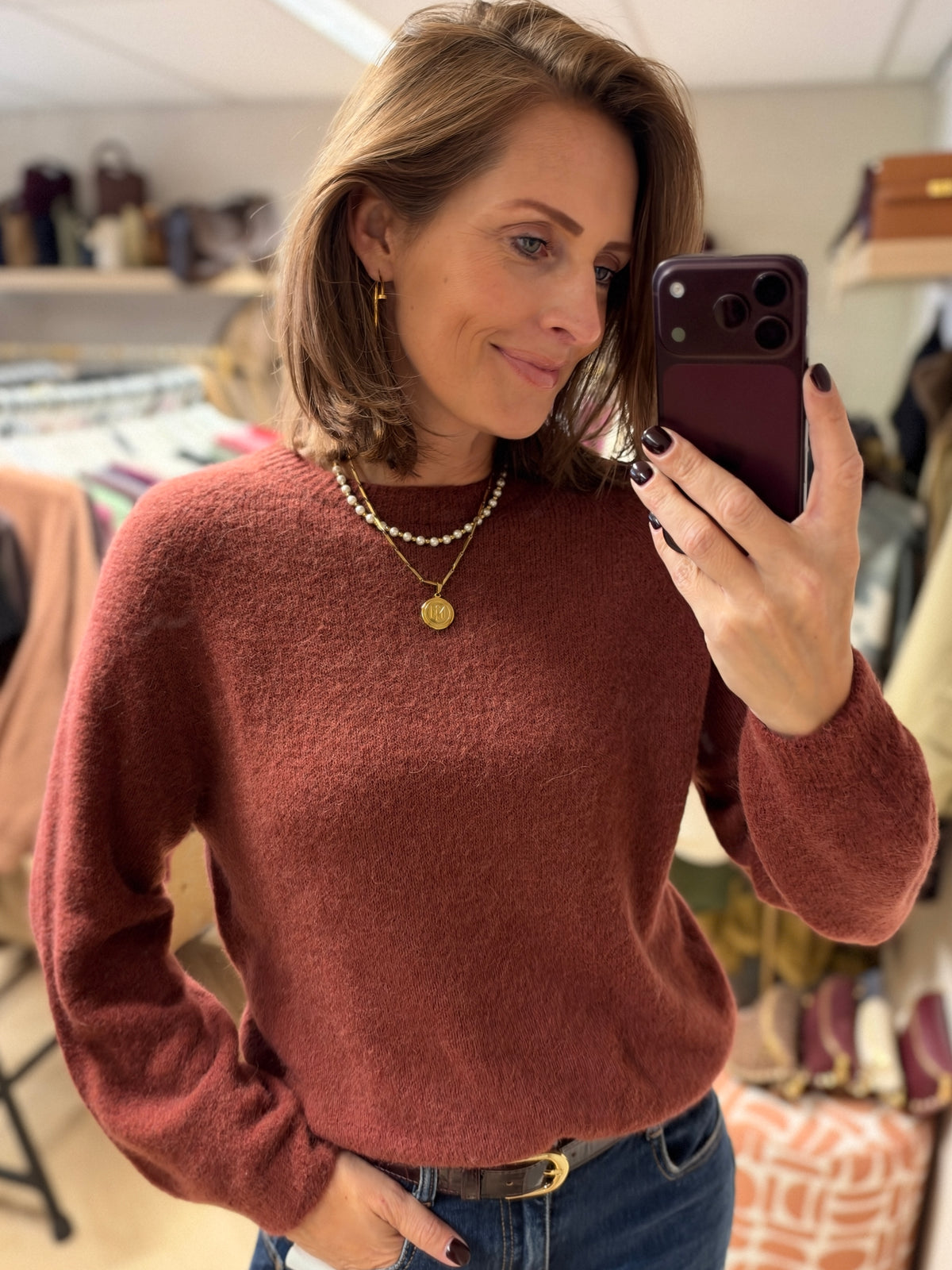 Trui Claudia Alpaca Lange Mouw Bruinrood