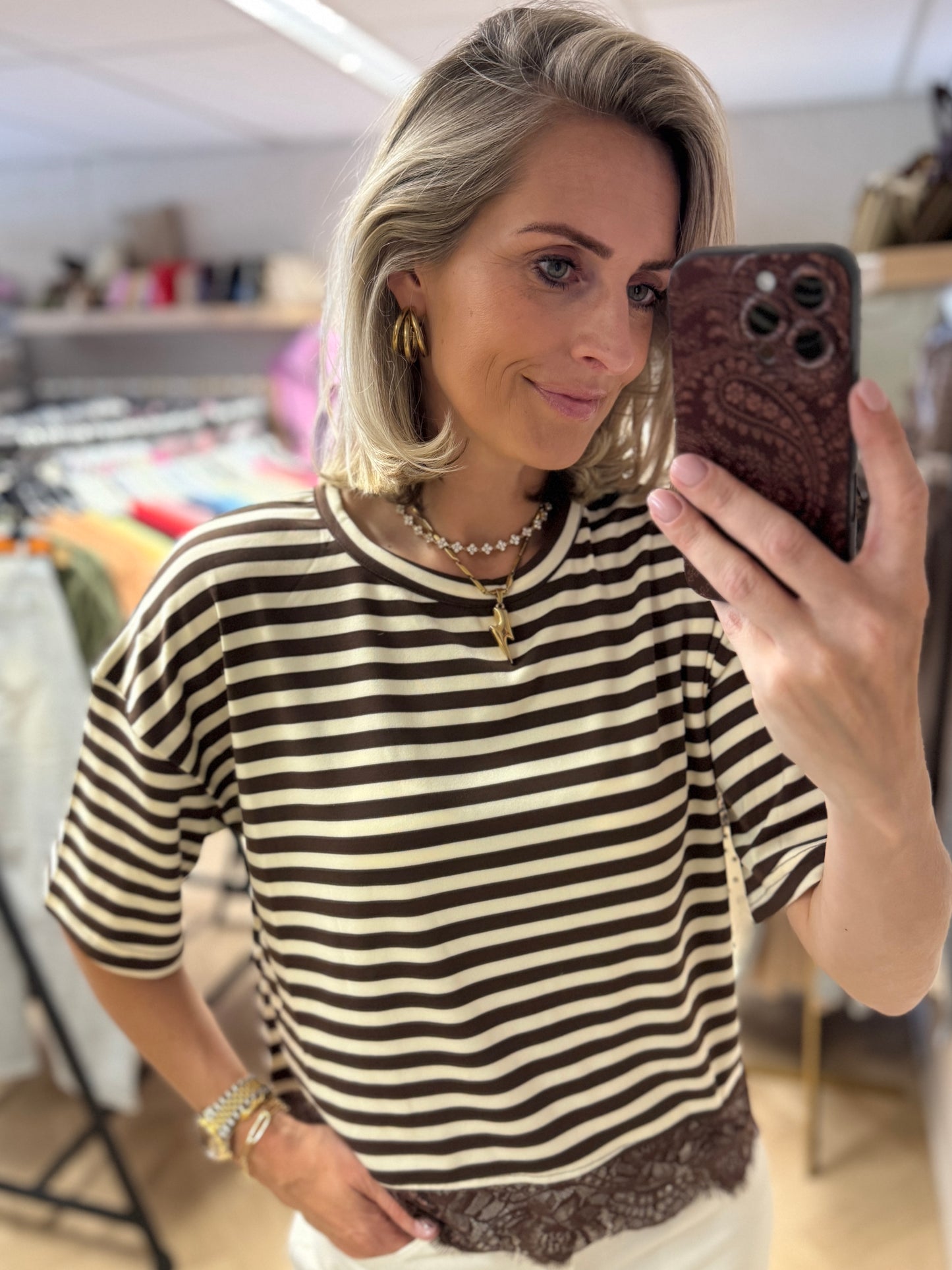 Shirt Kylia Streep Kant Bruin Ecru