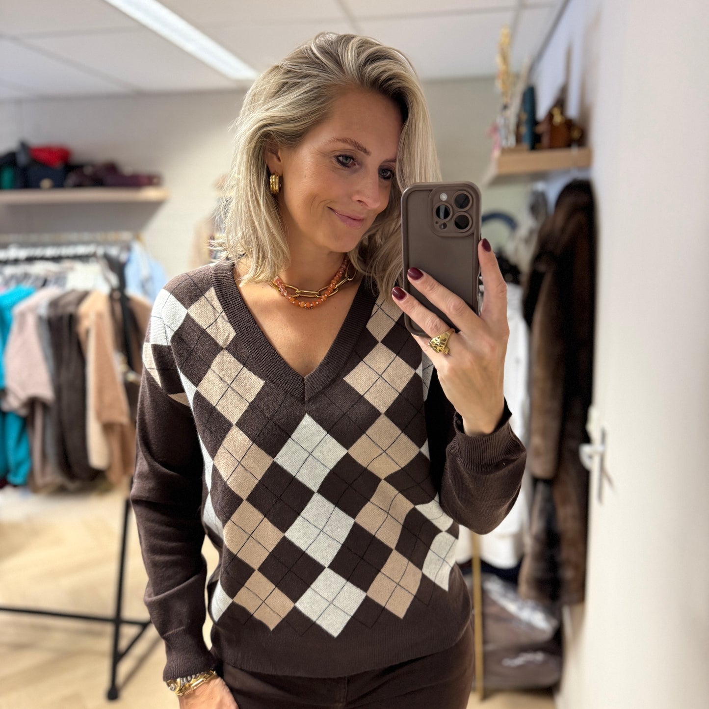 Trui Charlot Argyle Ruit Viscose Choco