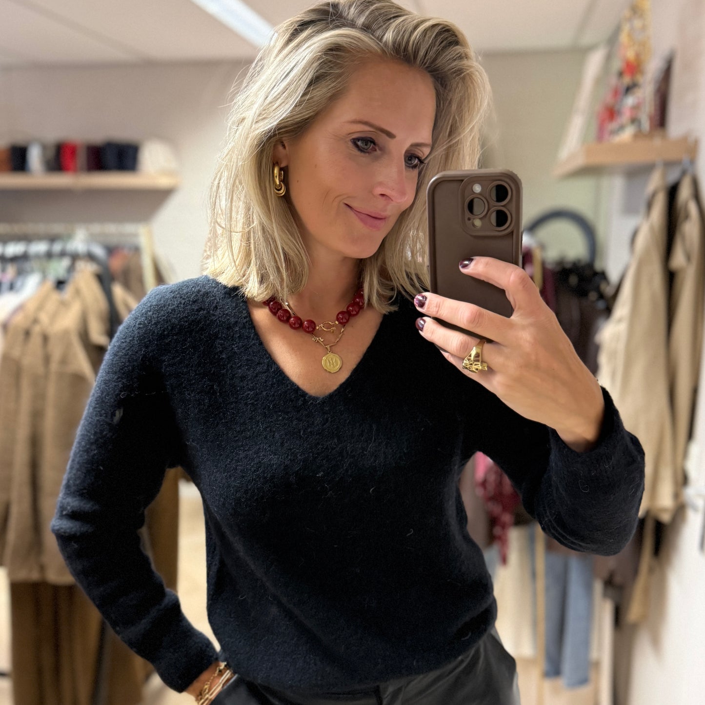 Trui Claudia V-Hals Alpaca Lange Mouw Zwart