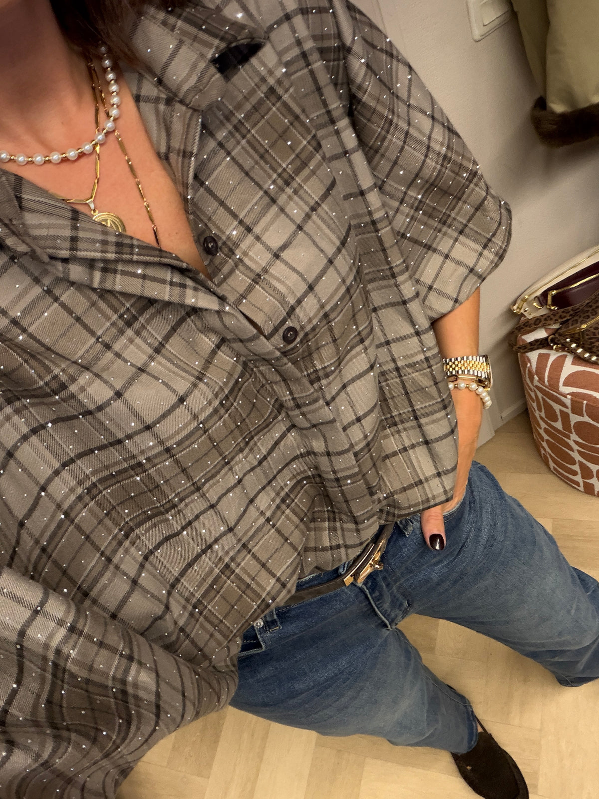 Blouse Mila Ruit Strass Ballonmouwen Taupe