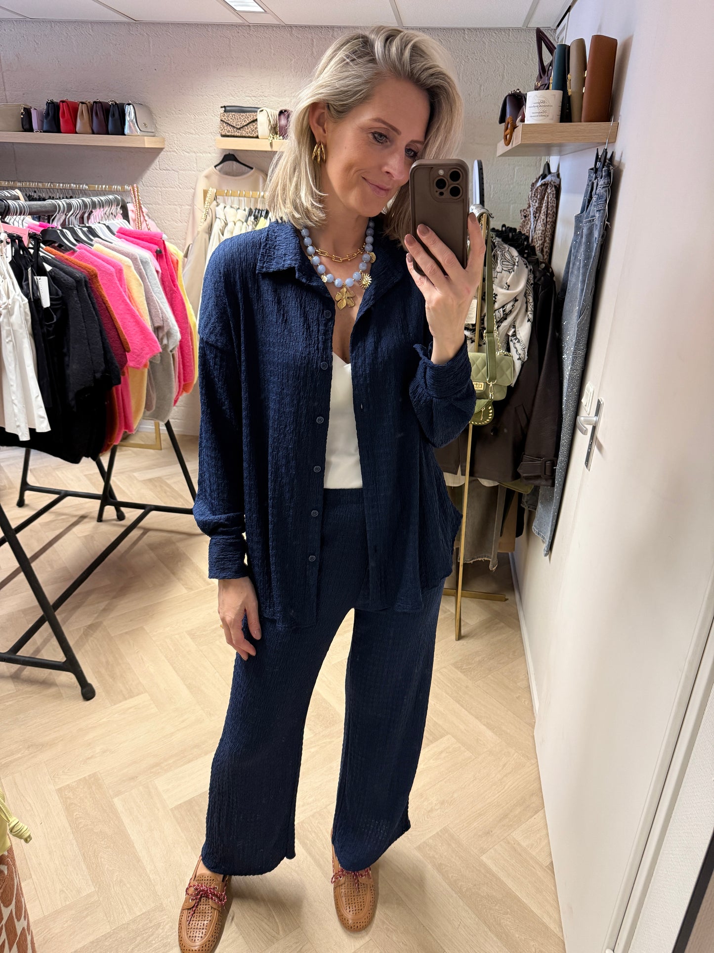 Co Ord Set Mels Crinkle Donkerblauw