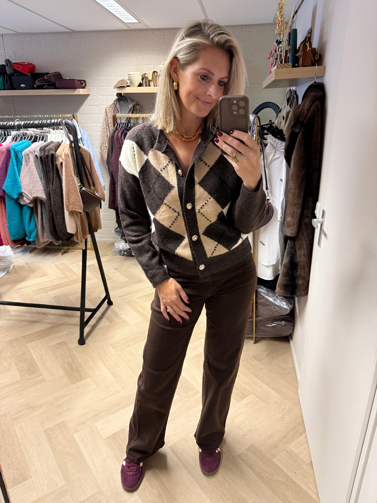 Vest Charlot Argyle Ruit Bruin Beige