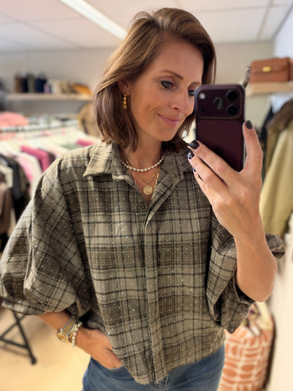 Blouse Mila Ruit Strass Ballonmouwen Taupe