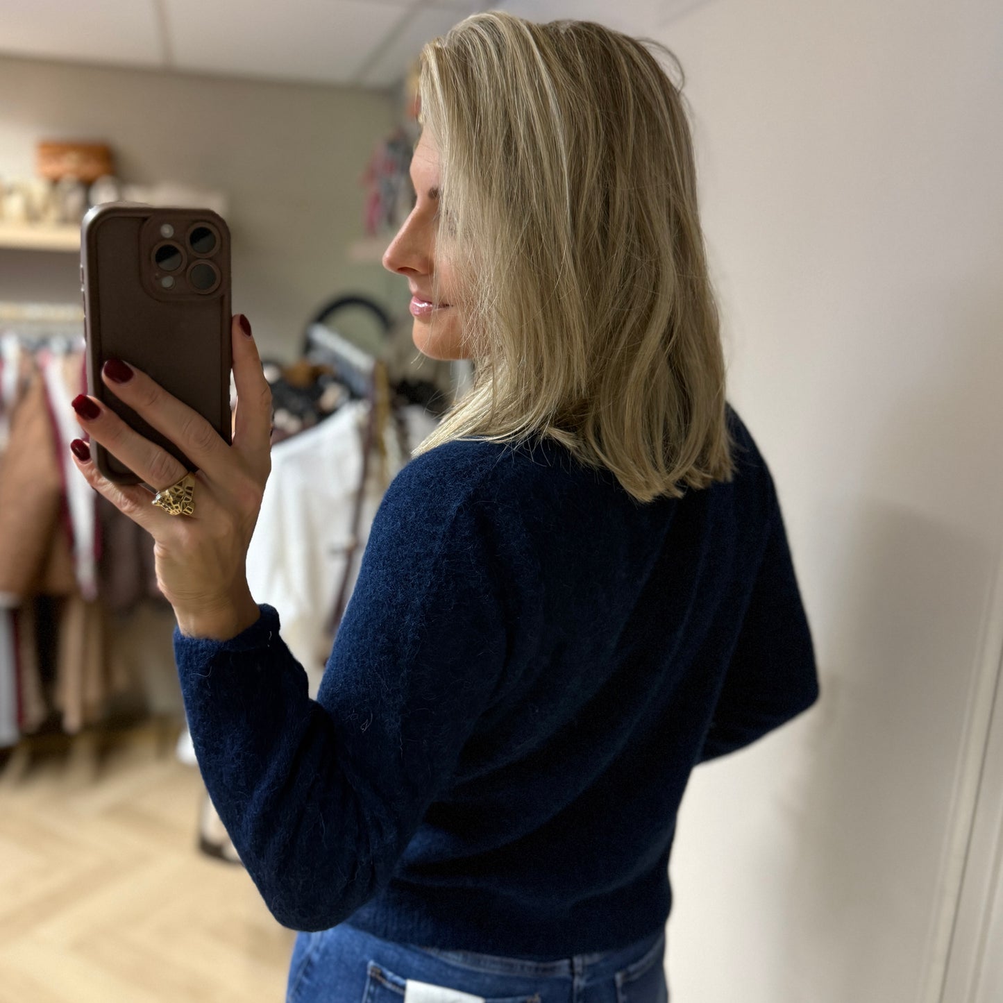 Trui Claudia V-Hals Alpaca Lange Mouw Donkerblauw