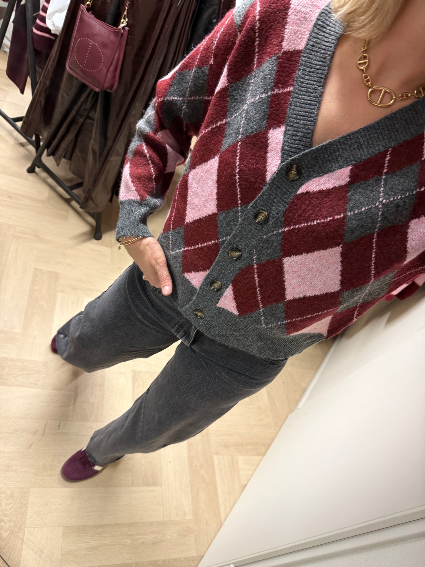 Vest Mary Argyle V-hals Grijs Bordeaux Roze