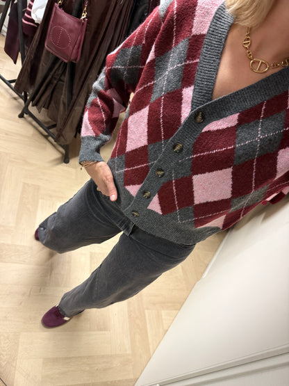 Vest Mary Argyle V-hals Grijs Bordeaux Roze