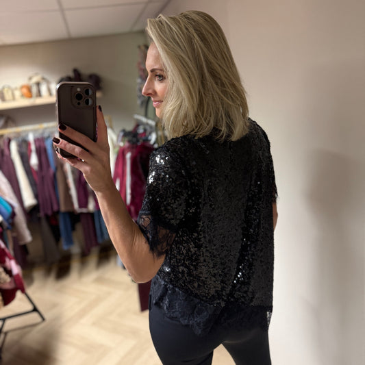 Shirt Lena Schuin Paillet Kant Zwart