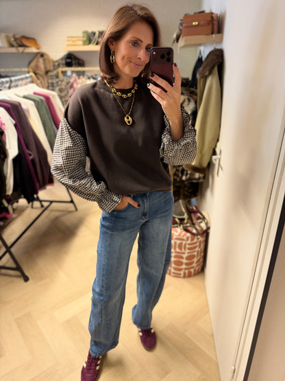Sweater Ruitjes Mouwen Bruin