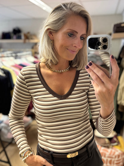 Shirt V-Hals Streep Ecru
