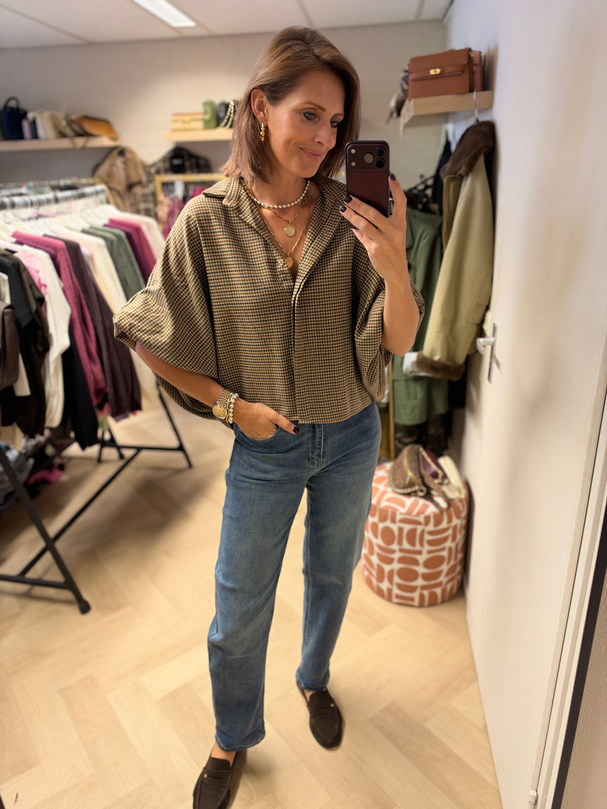Blouse Mila Tartan Ruit Ballonmouwen Bruin