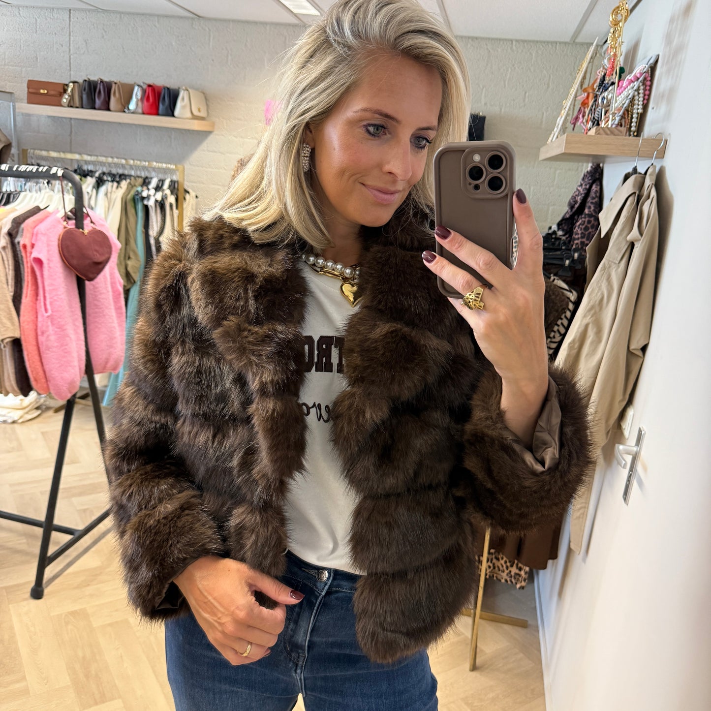 Jas Jill Stroken Faux Fur Bruin