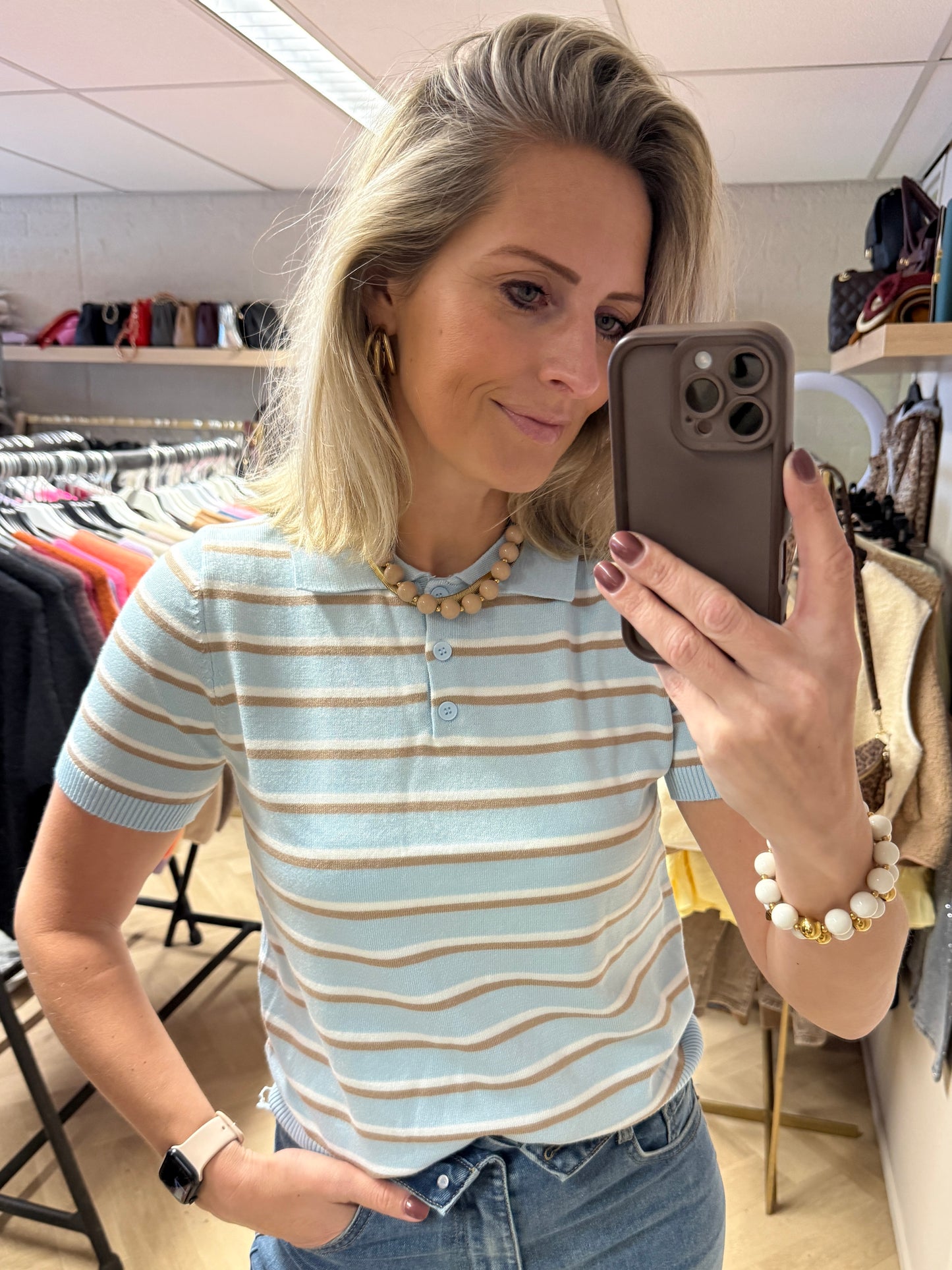 Polo Benthe Streep Lichtblauw Beige