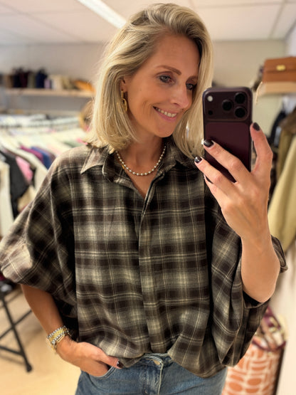 Blouse Mila Ruit Ballonmouwen Bruin