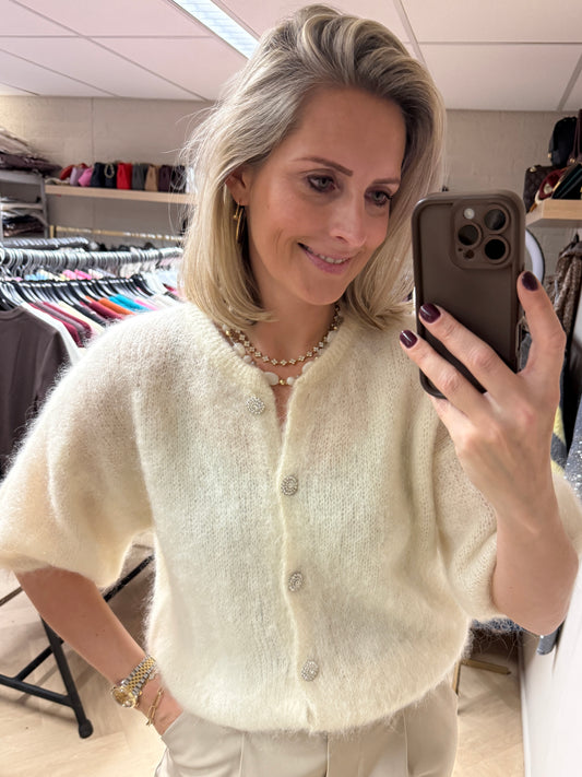 Vest Mohair Strass Knoop Ecru
