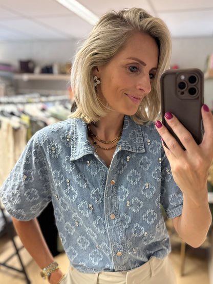 Blouse Denim Studs Strass Blauw