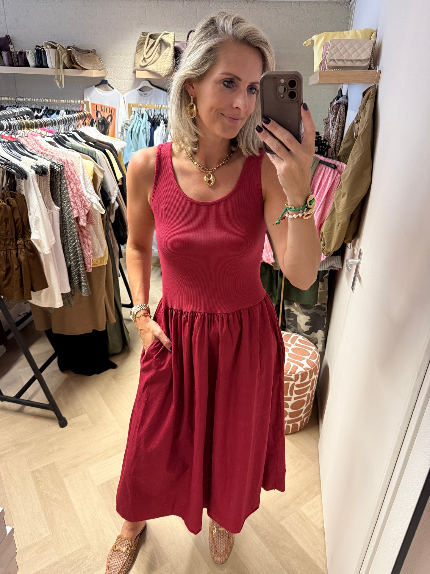 Jurk Katy Katoen Topdress Donkerrood