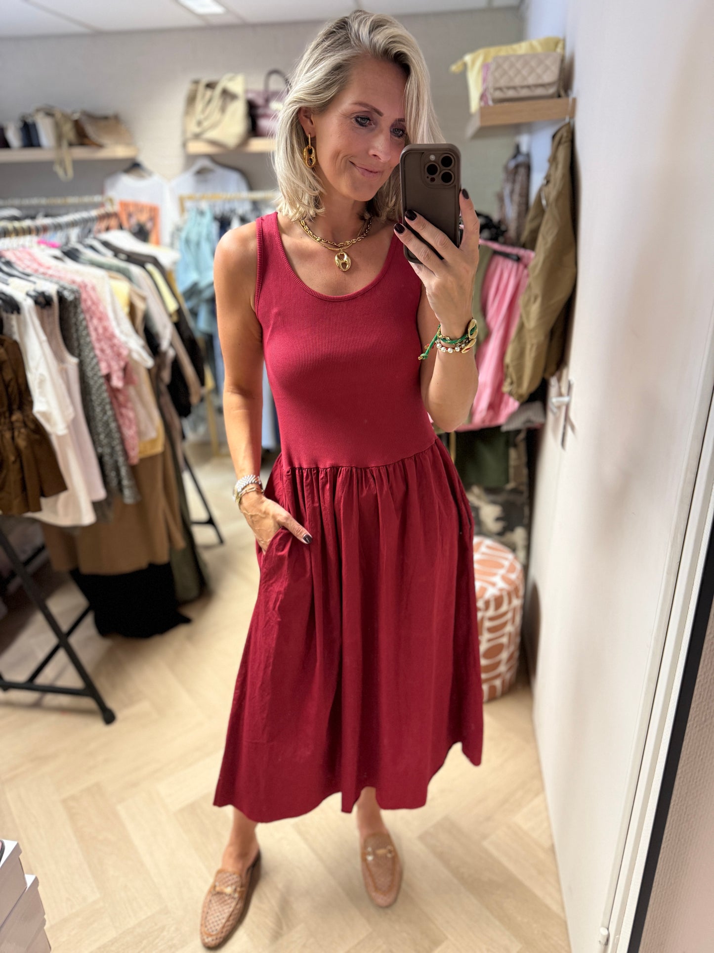 Jurk Katy Katoen Topdress Donkerrood