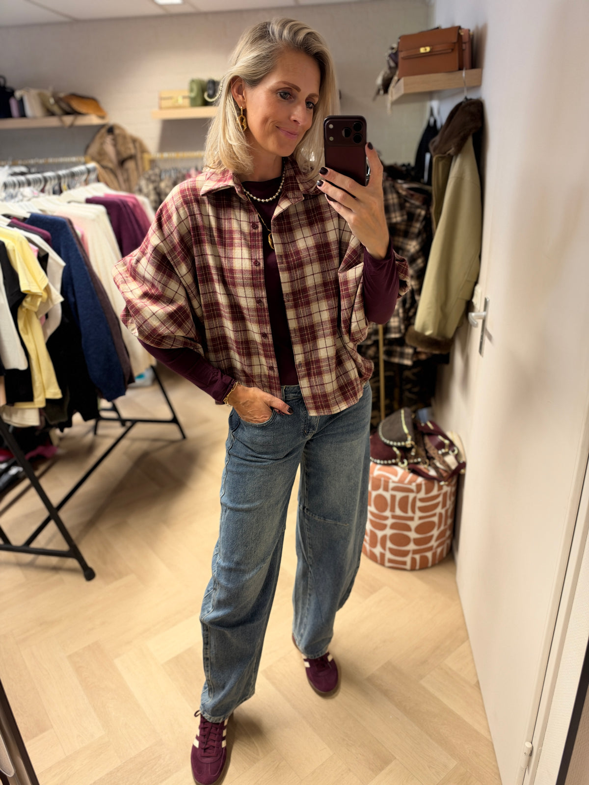 Blouse Mila Ruit Ballonmouwen Bordeaux Creme