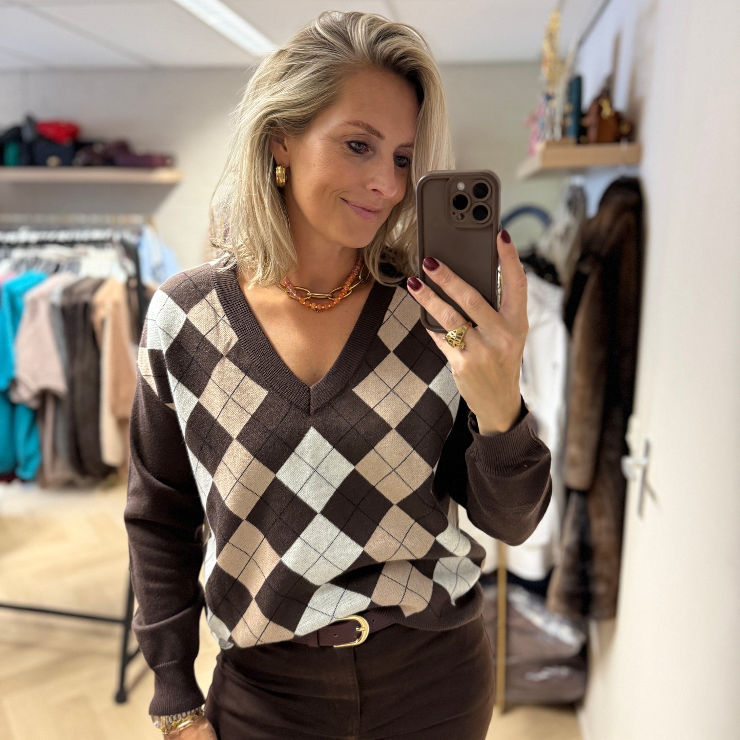 Trui Charlot Argyle Ruit Viscose Choco