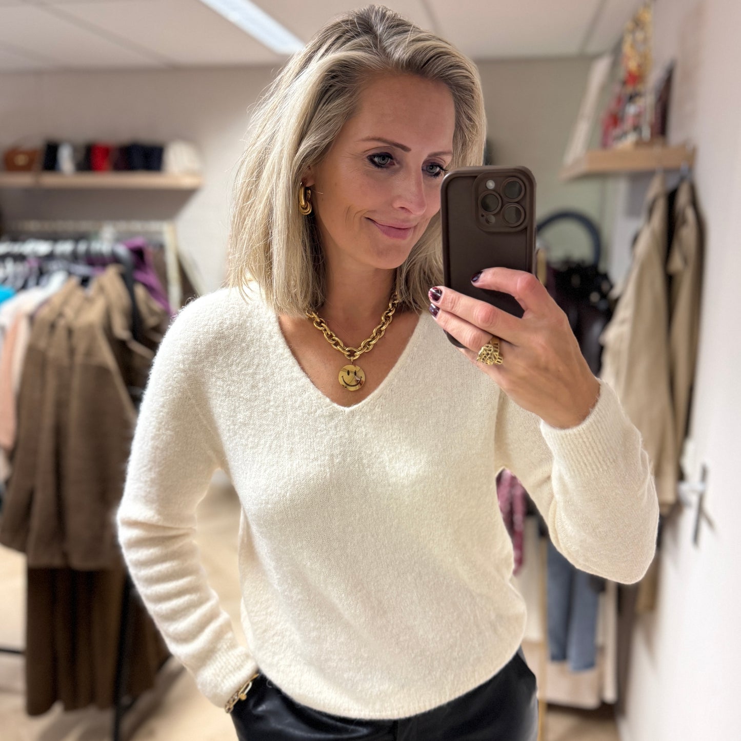 Trui Claudia V-Hals Alpaca Lange Mouw Offwhite