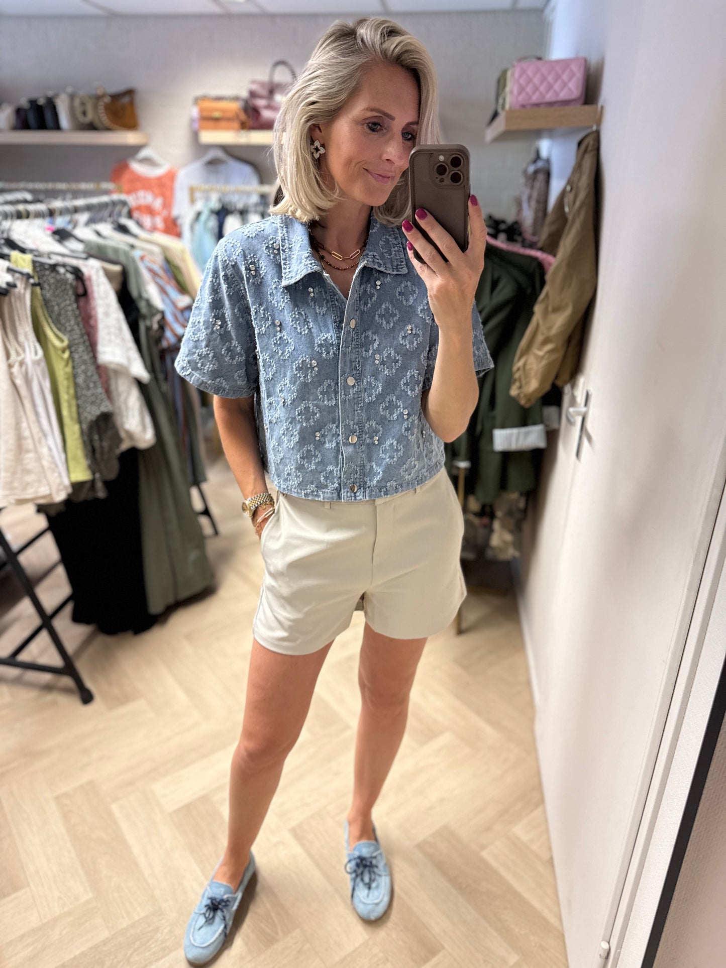 Blouse Denim Studs Strass Blauw