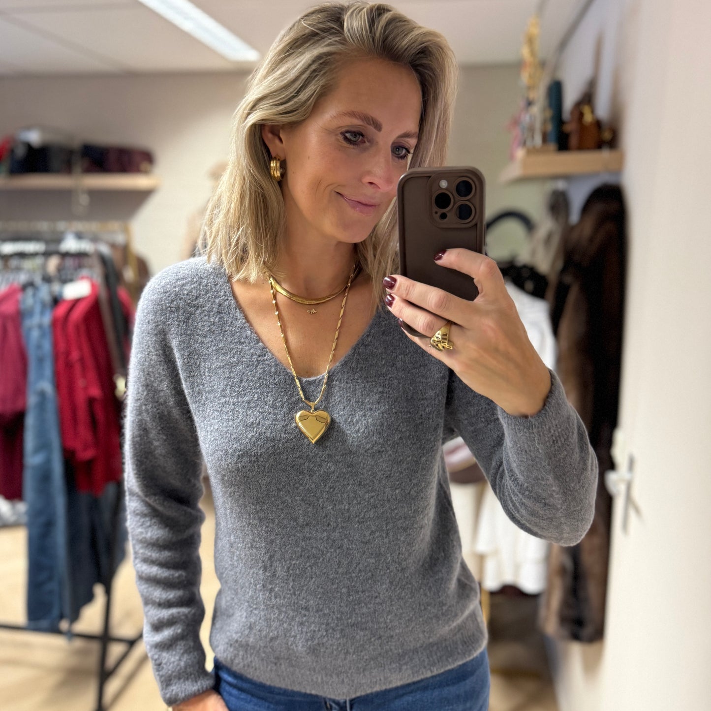 Trui Claudia V-Hals Alpaca Lange Mouw Grijs