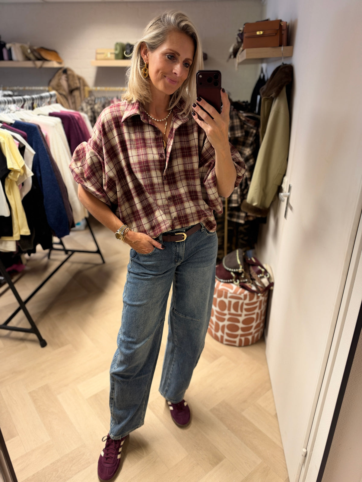 Blouse Mila Ruit Ballonmouwen Bordeaux Creme