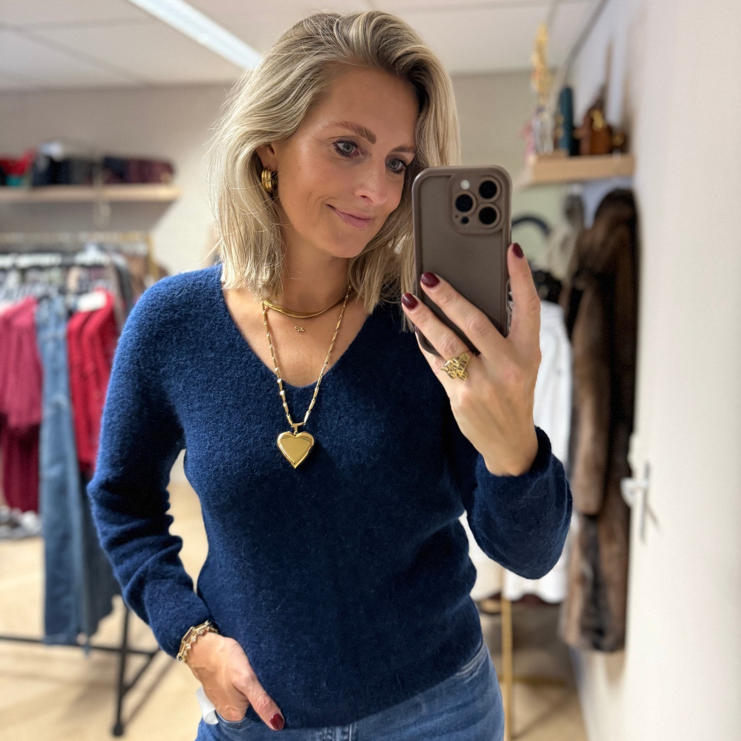 Trui Claudia V-Hals Alpaca Lange Mouw Donkerblauw