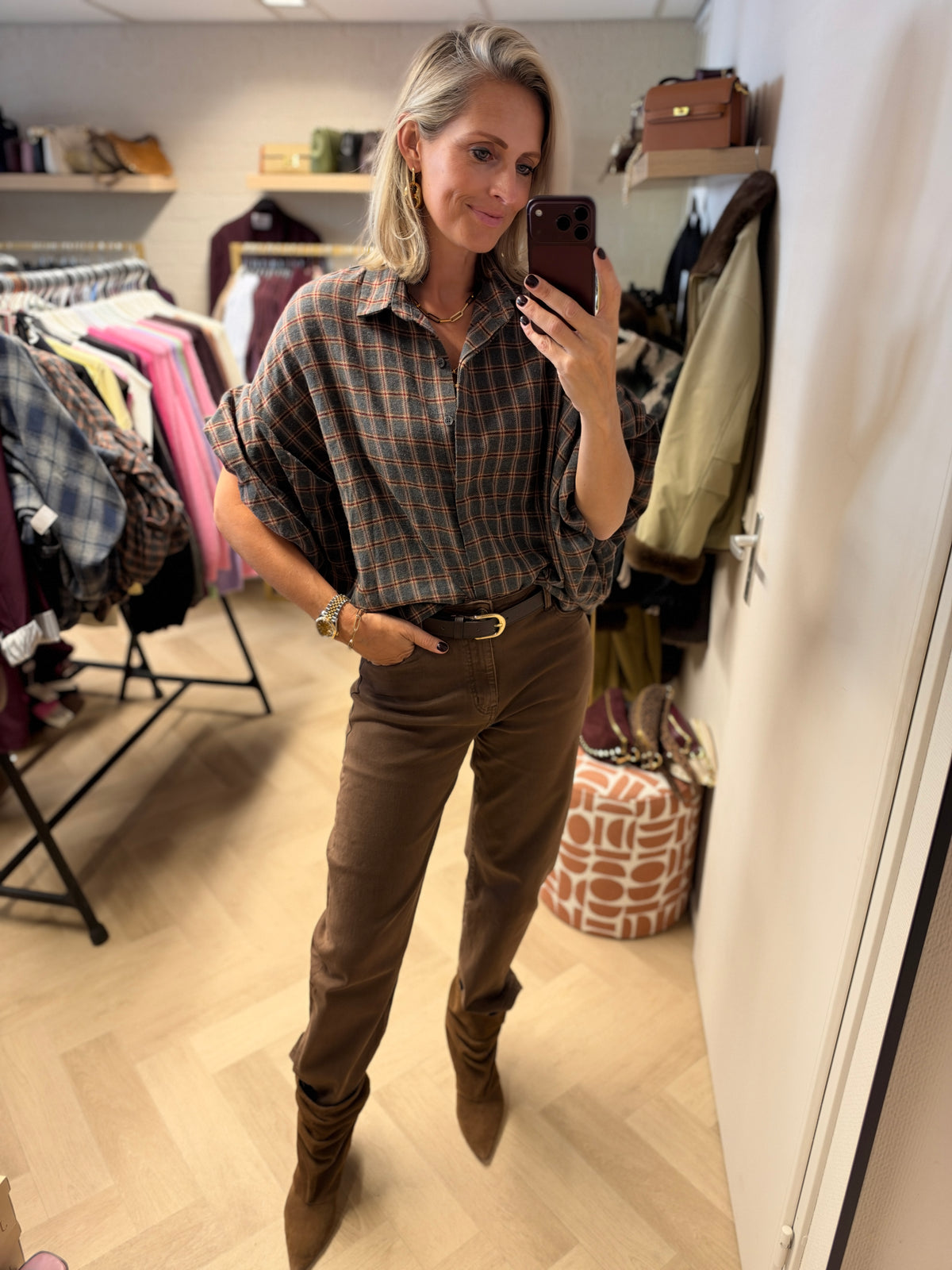 Blouse Mila Ruit Ballonmouwen Grijs Bordeaux