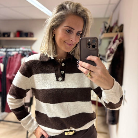 Trui Polo Streep Bruin Offwhite